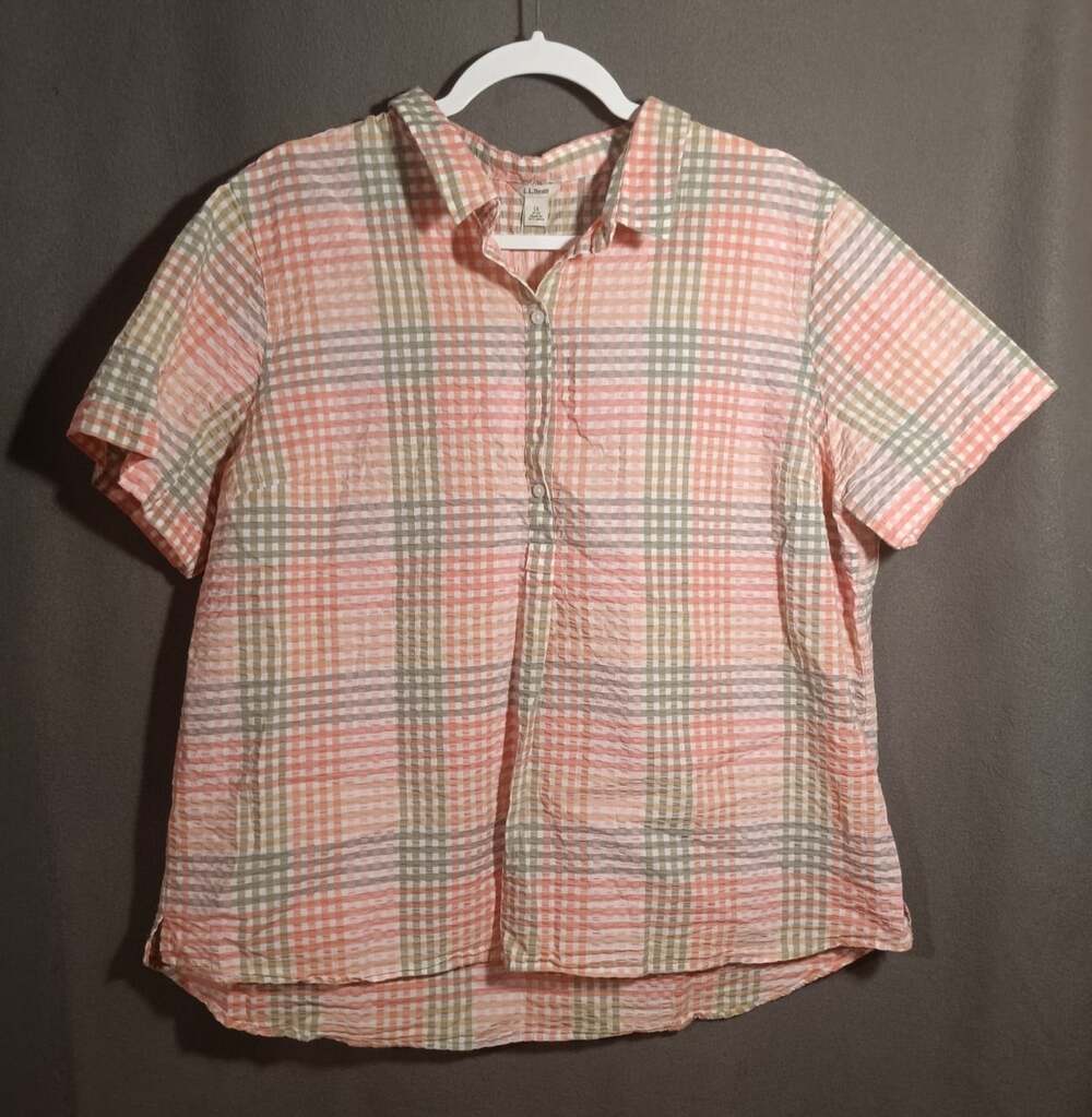 L.L.Bean Vacationland Seersucker Popover Shirt Women’s 1X Pink Plaid NWOT